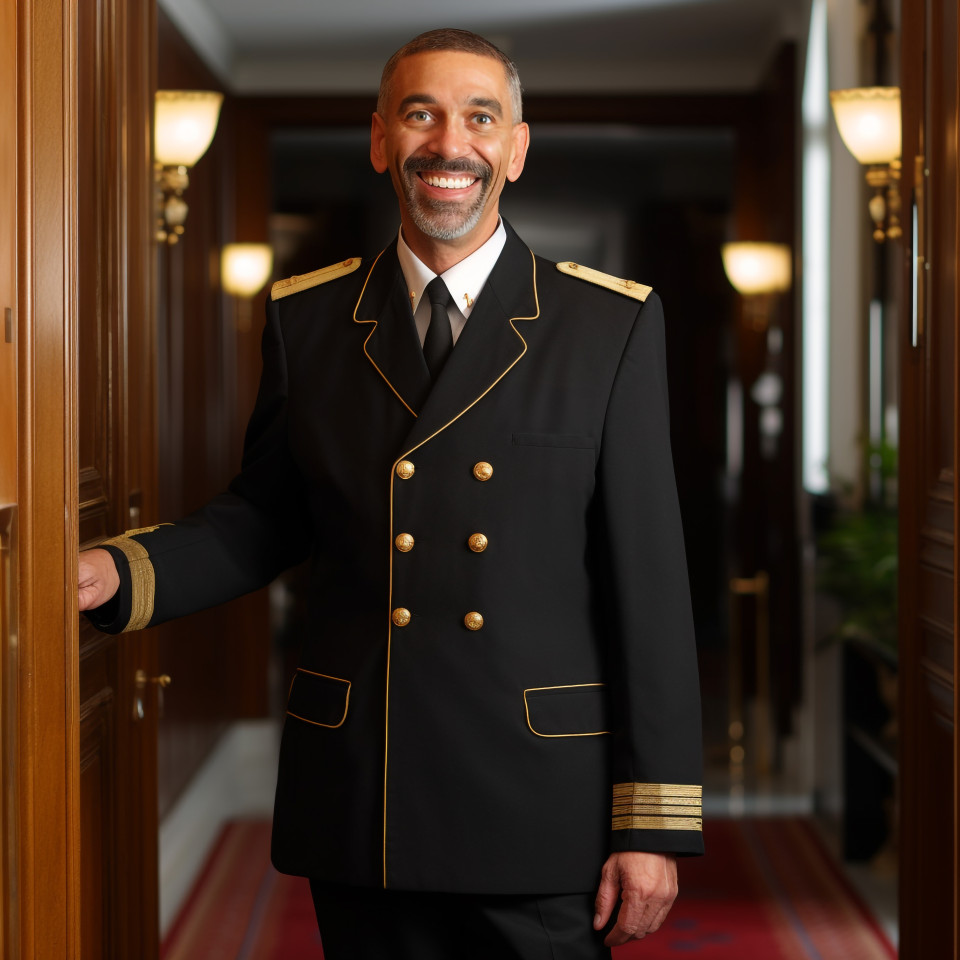 Smiling doorman at work blurred background