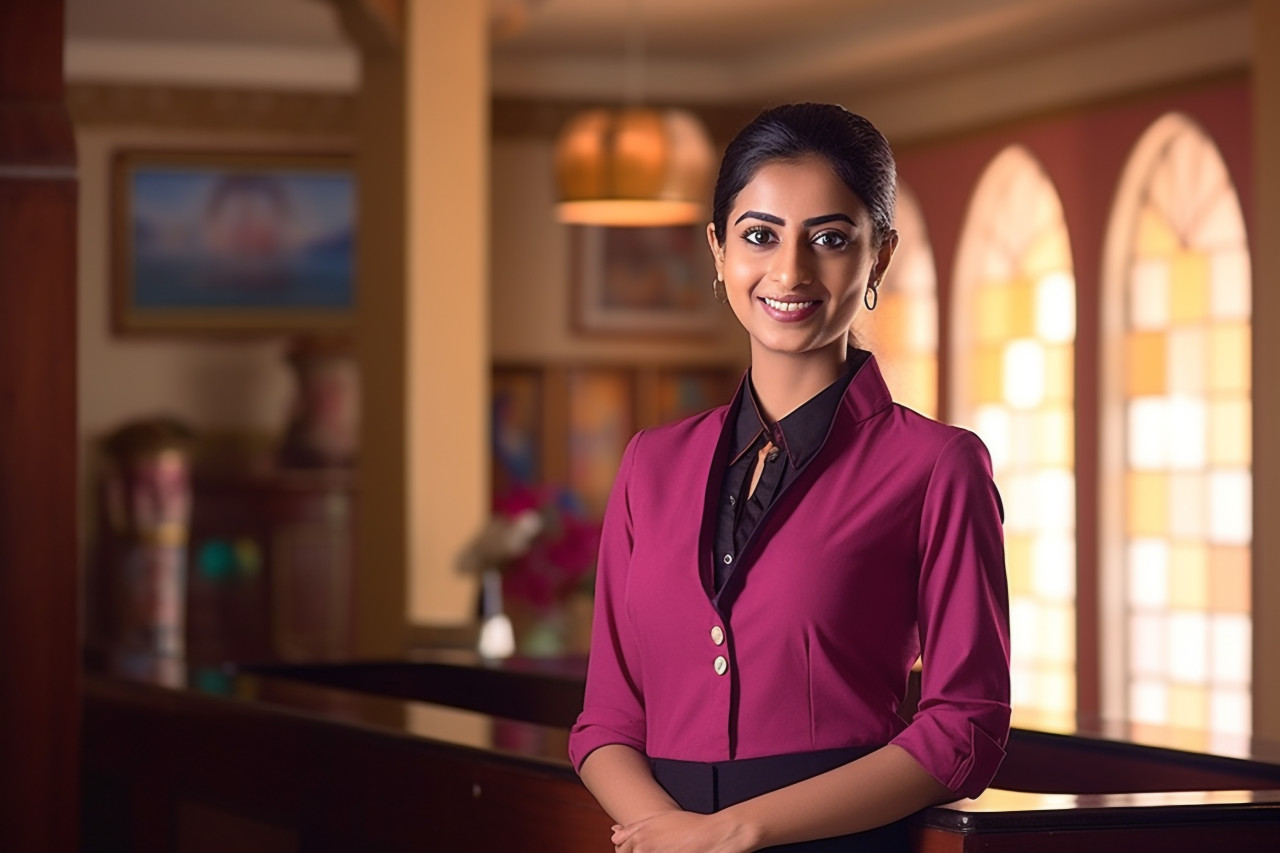 Indian woman concierge smiles at work on blurred background