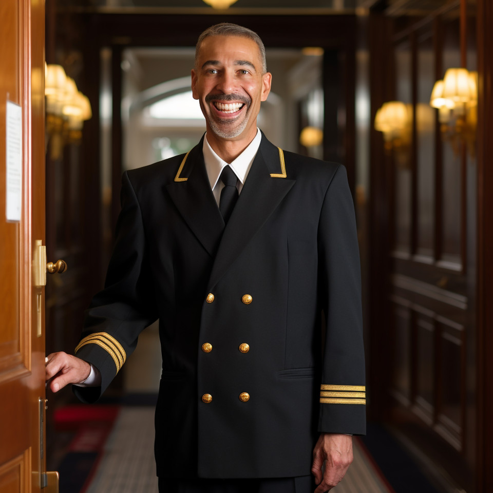 Smiling doorman at work blurred background