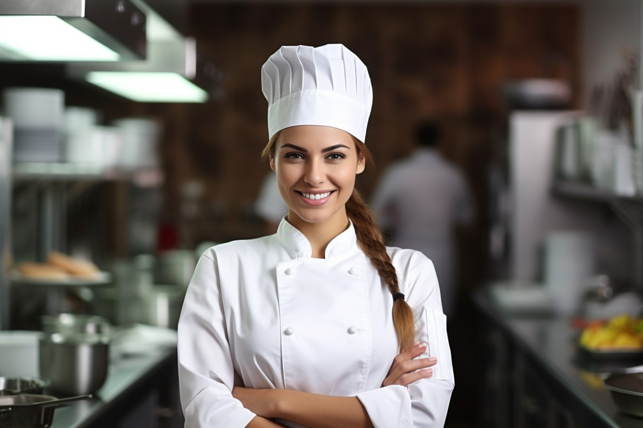 Happy female chef cooking on blurred background
