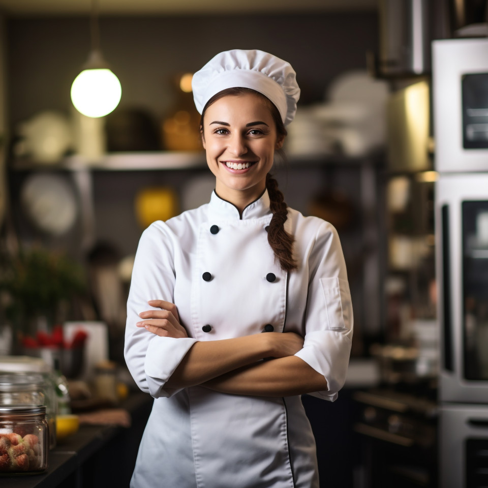 Happy female chef cooking in a professional kitchen
