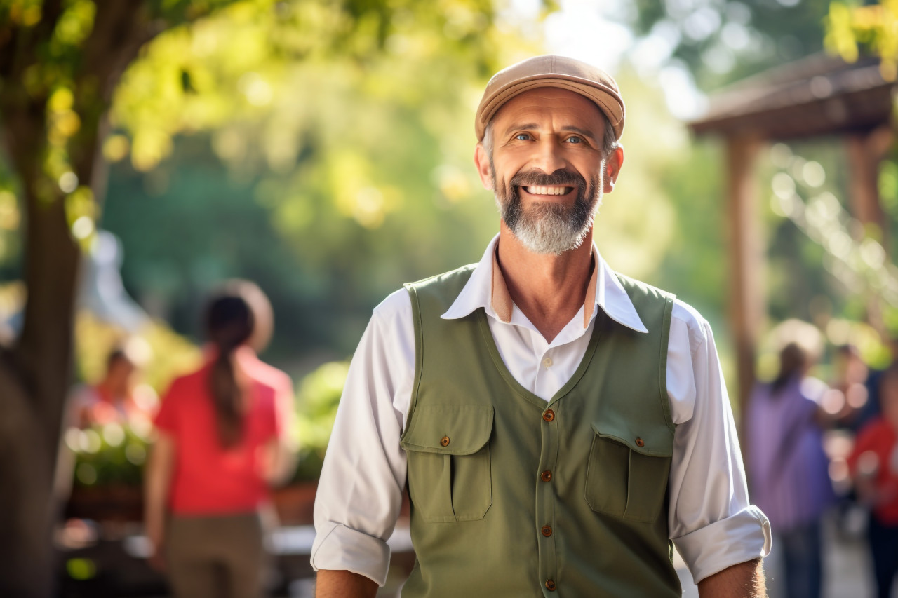 Smiling tour guide on blurred background