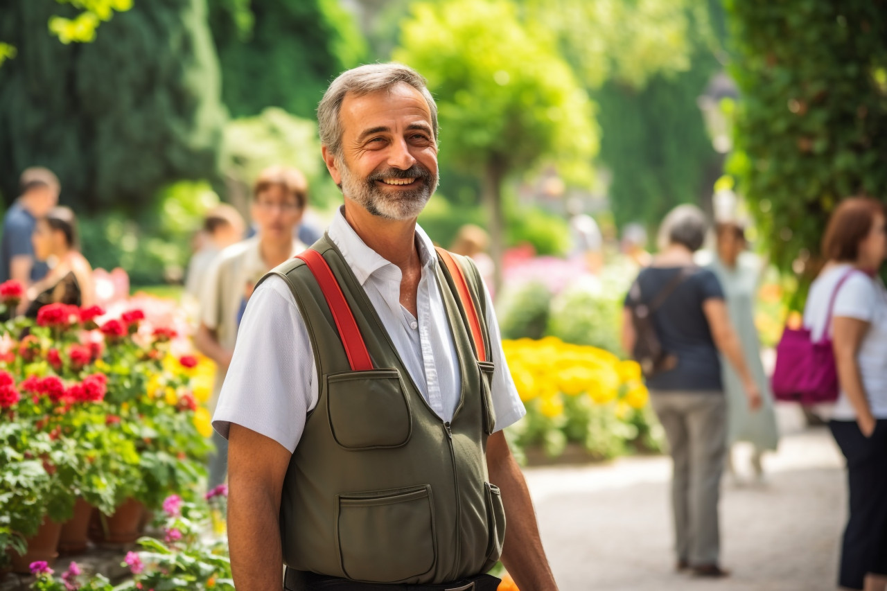 Smiling tour guide on blurred background