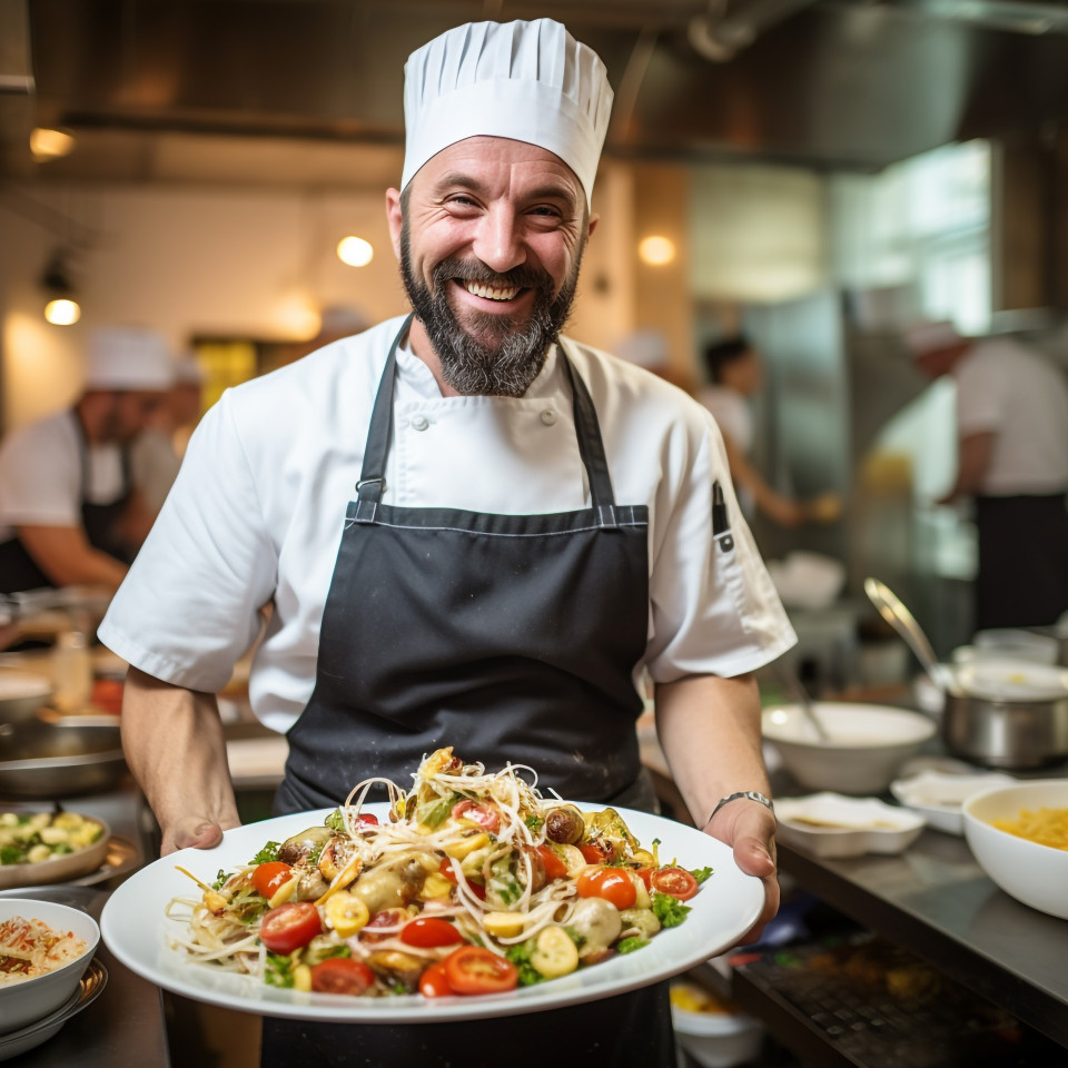 Smiling chef working in a blurred background