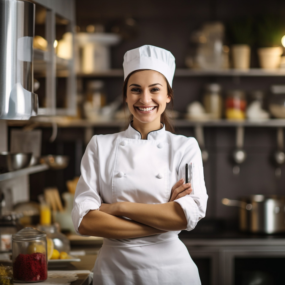 Happy female chef cooking in a professional kitchen