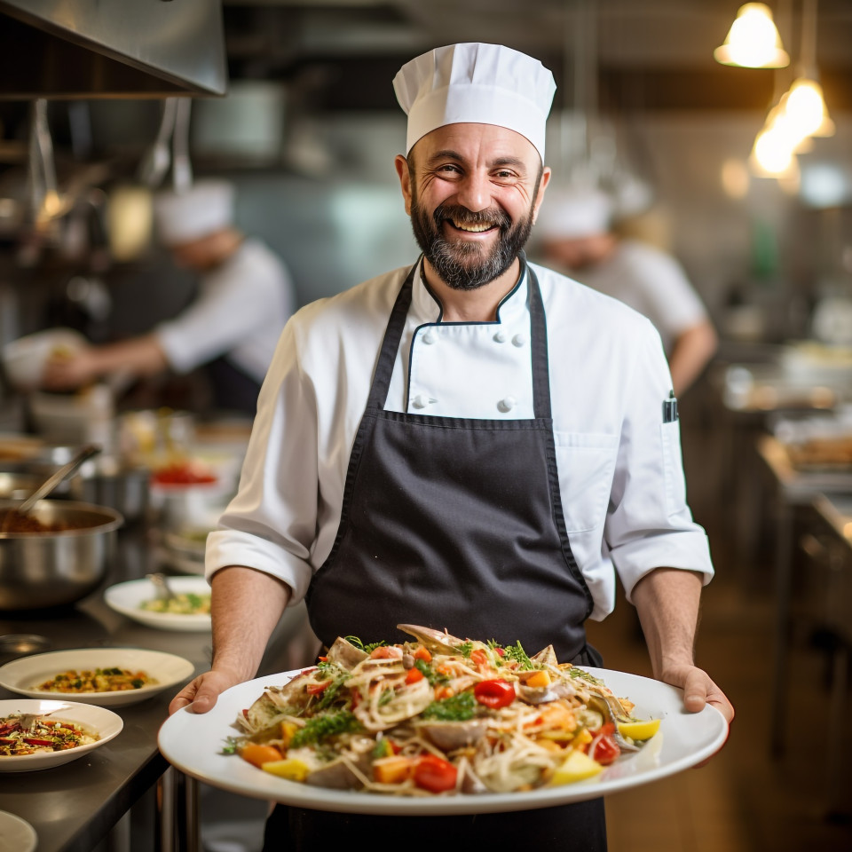 Smiling chef working in a blurred background