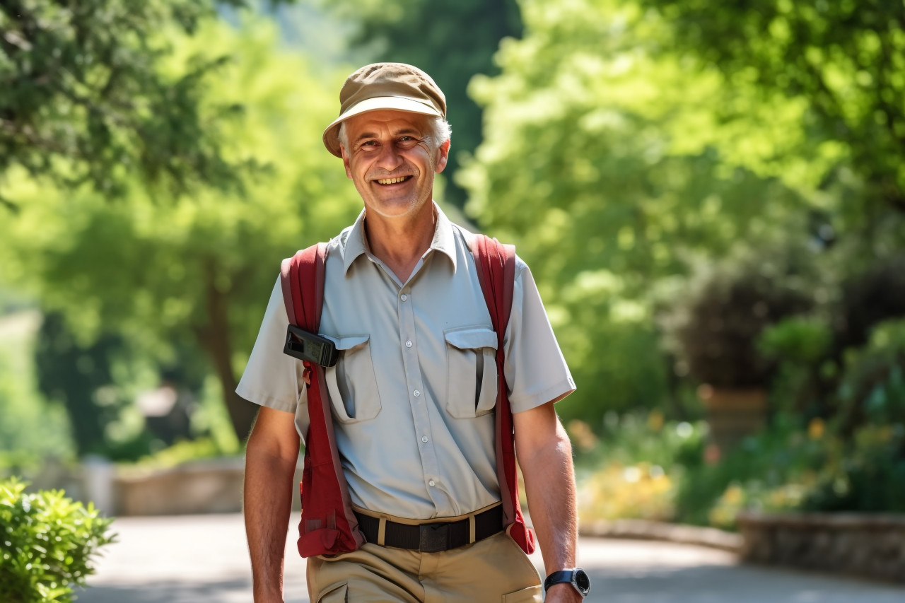Smiling tour guide on blurred background