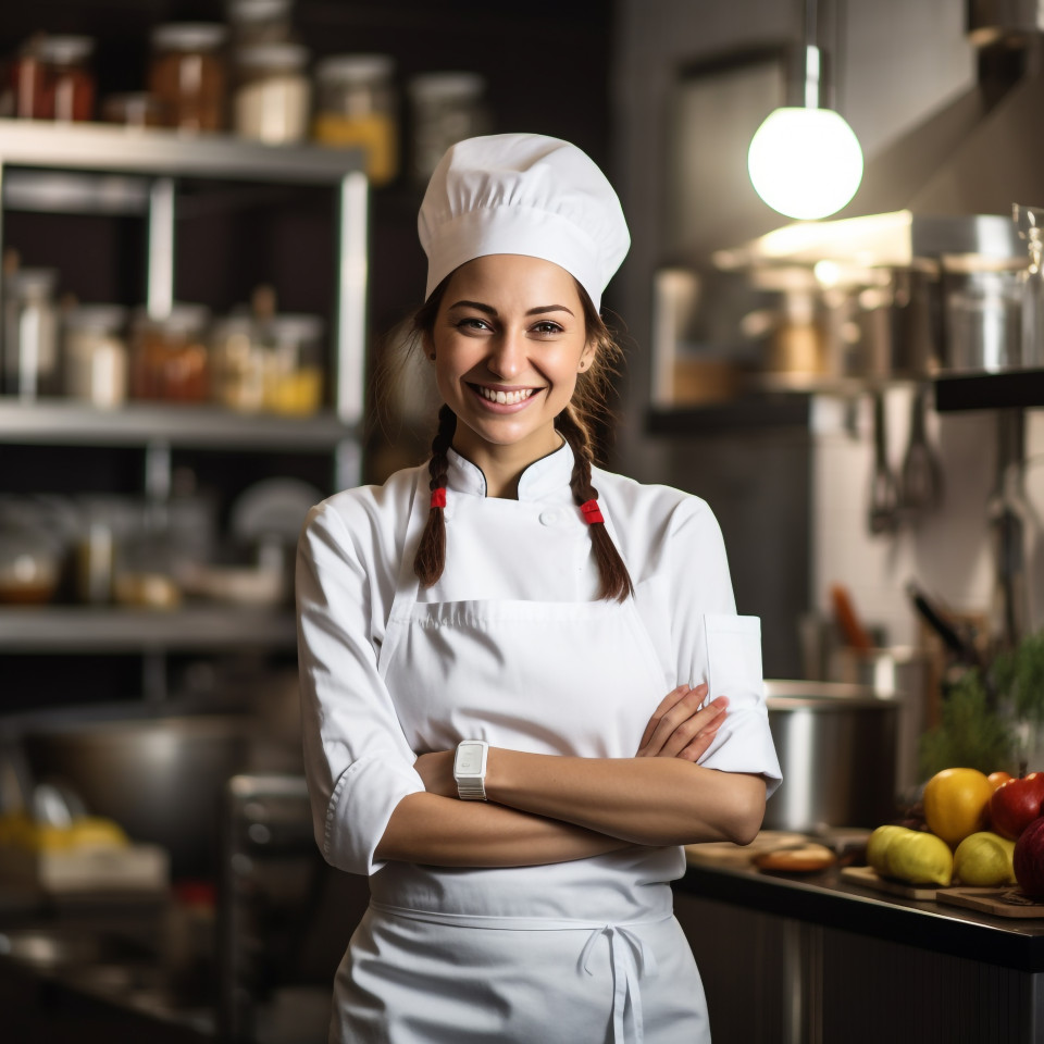 Happy female chef cooking in a professional kitchen