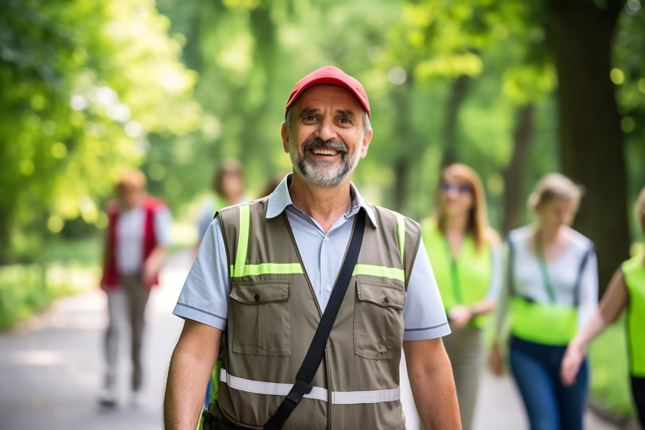 Smiling tour guide on blurred background