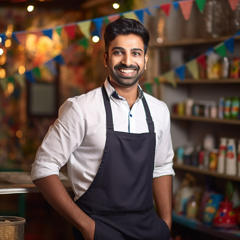 Indian waiter smiling at work in a blurred background