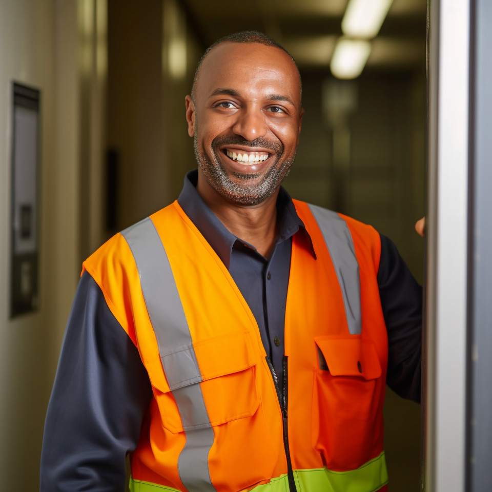 Smiling doorman on blurred background