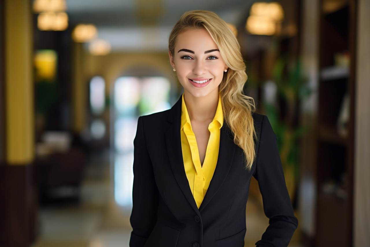 Smiling concierge woman working on blurred background