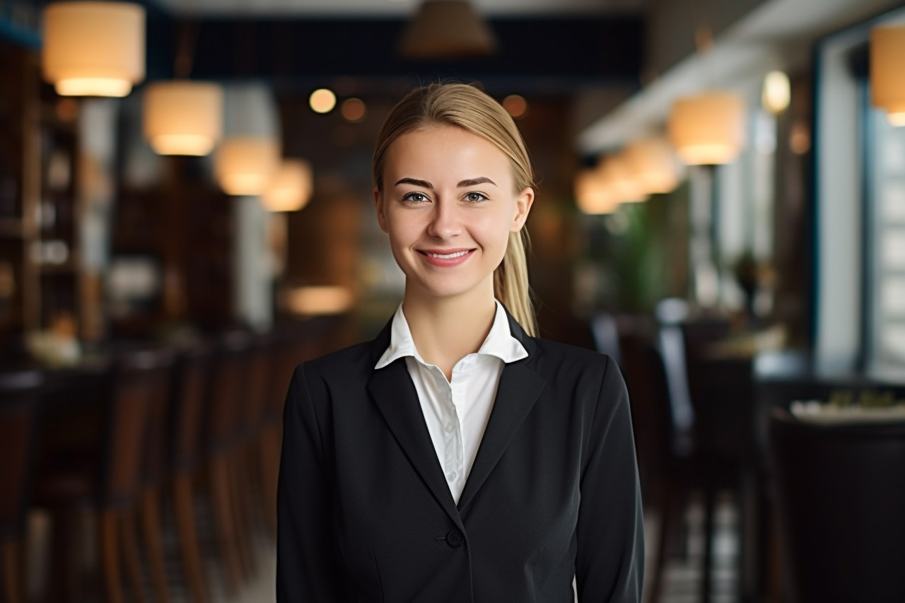 Smiling concierge woman working on blurred background