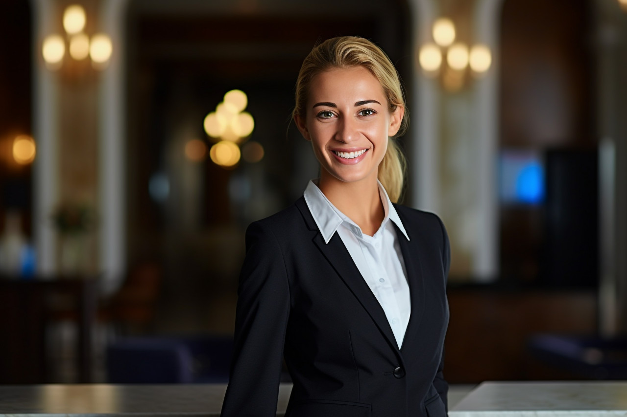 Smiling concierge woman working on blurred background