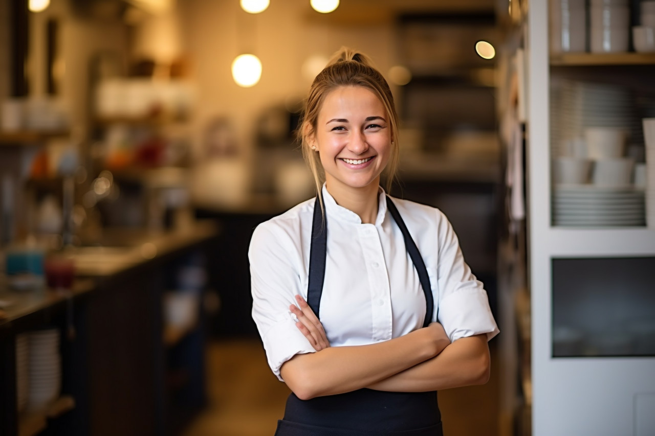 Smiling waitress working in blurred restaurant