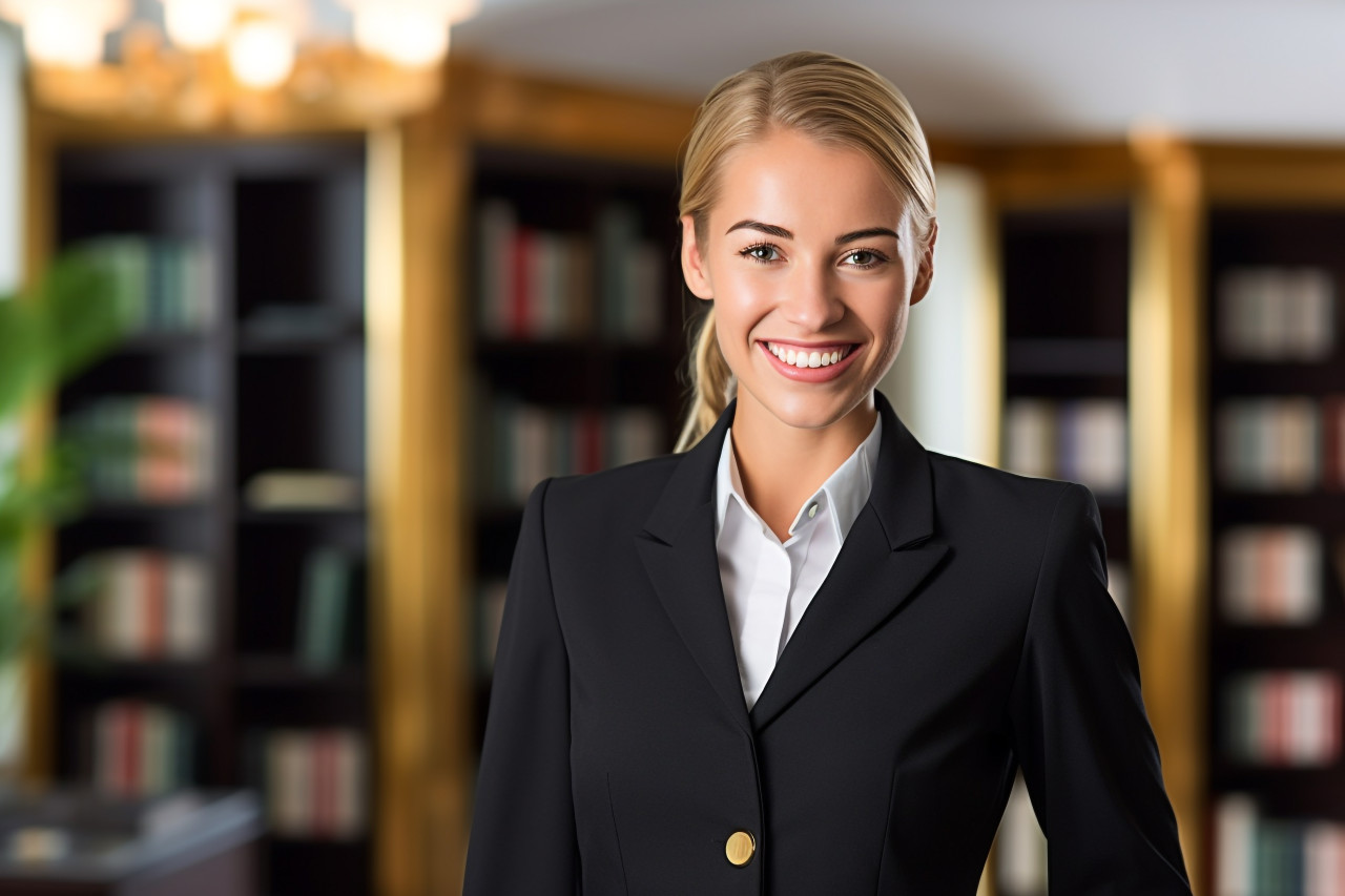 Smiling concierge woman working on blurred background
