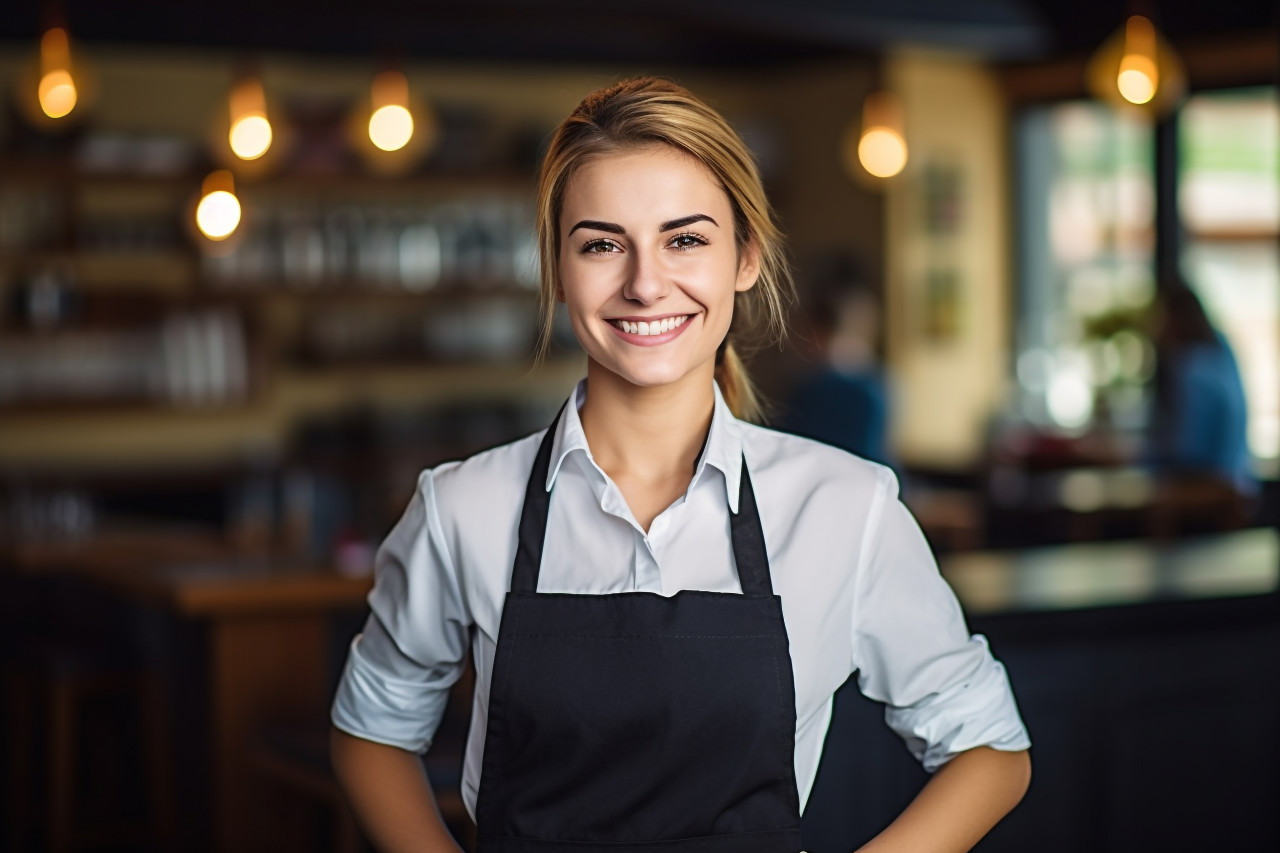 Smiling waitress working in blurred restaurant