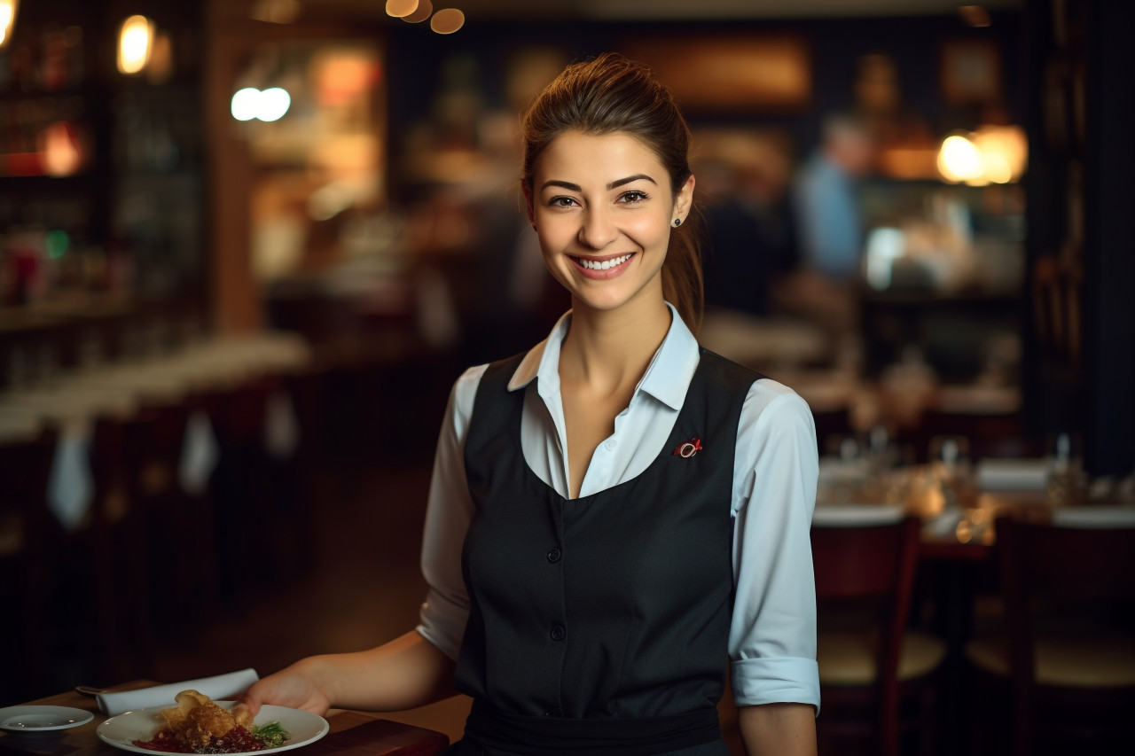 Smiling waitress working in blurred restaurant