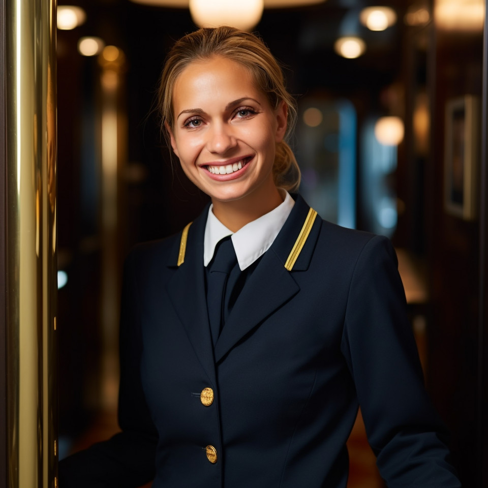 Smiling woman doorperson working on blurred background