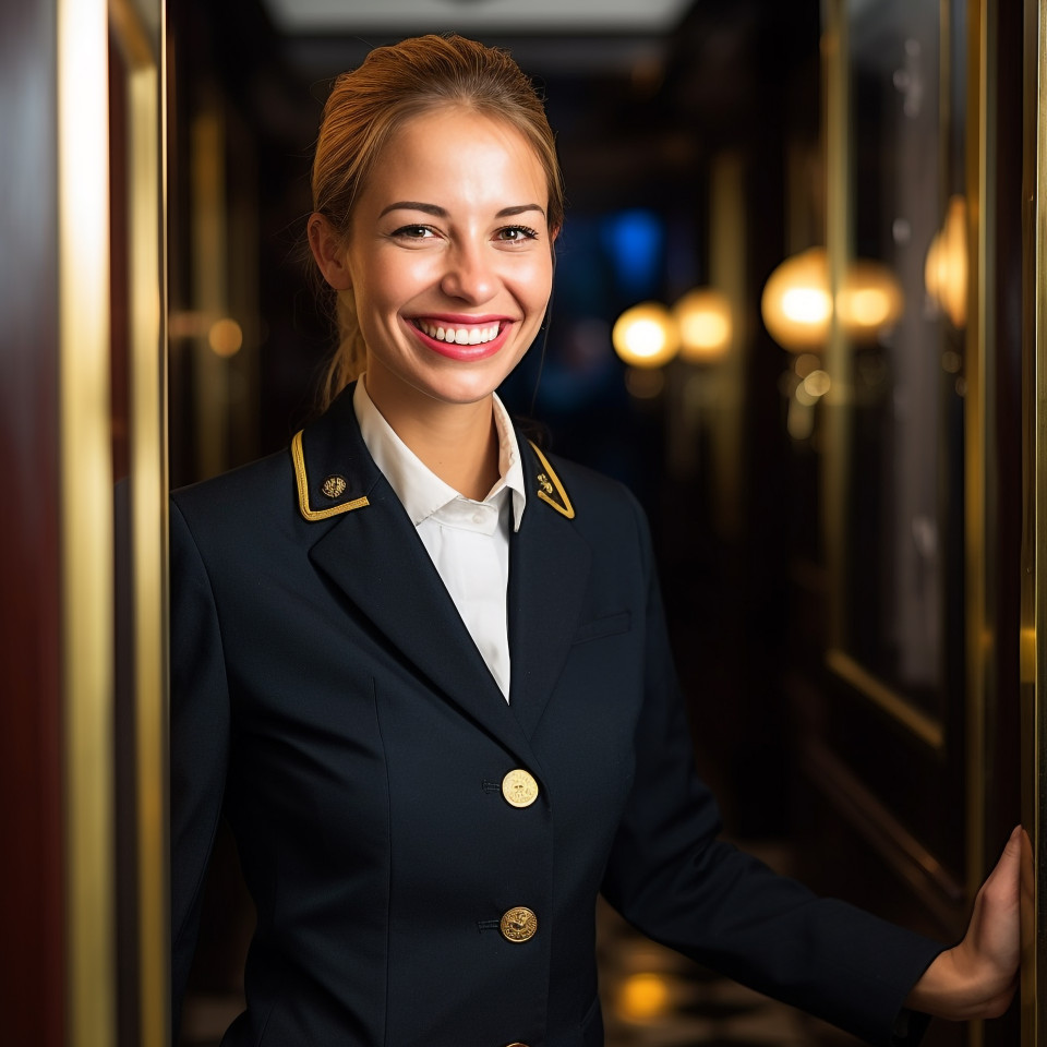 Smiling woman doorperson working on blurred background