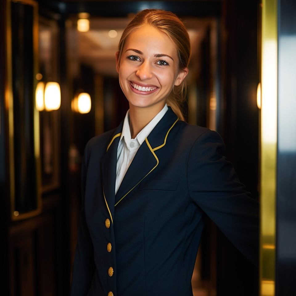 Smiling woman doorperson working on blurred background