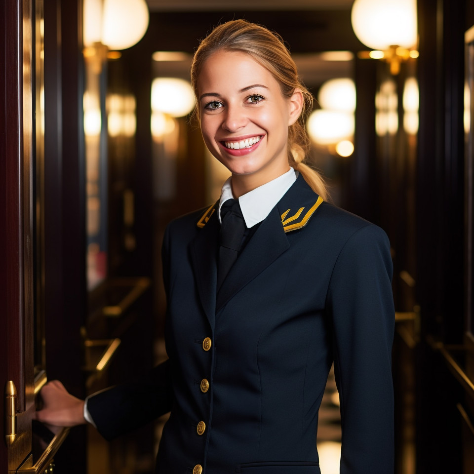 Smiling woman doorperson working on blurred background