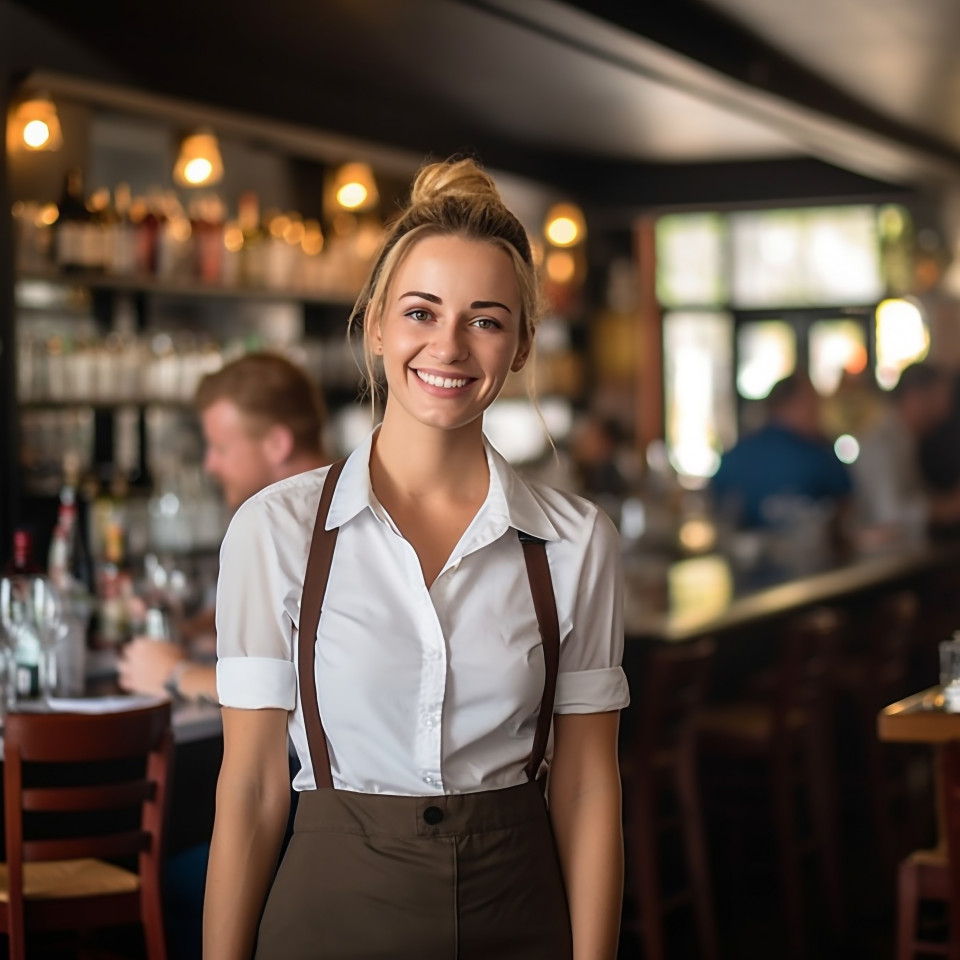 Smiling waitress serving customers in a blurred restaurant