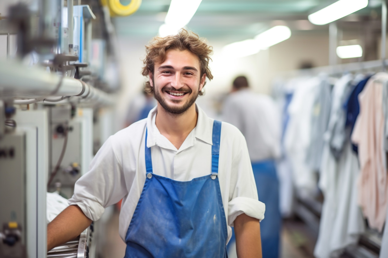 Smiling laundry worker on blurred background