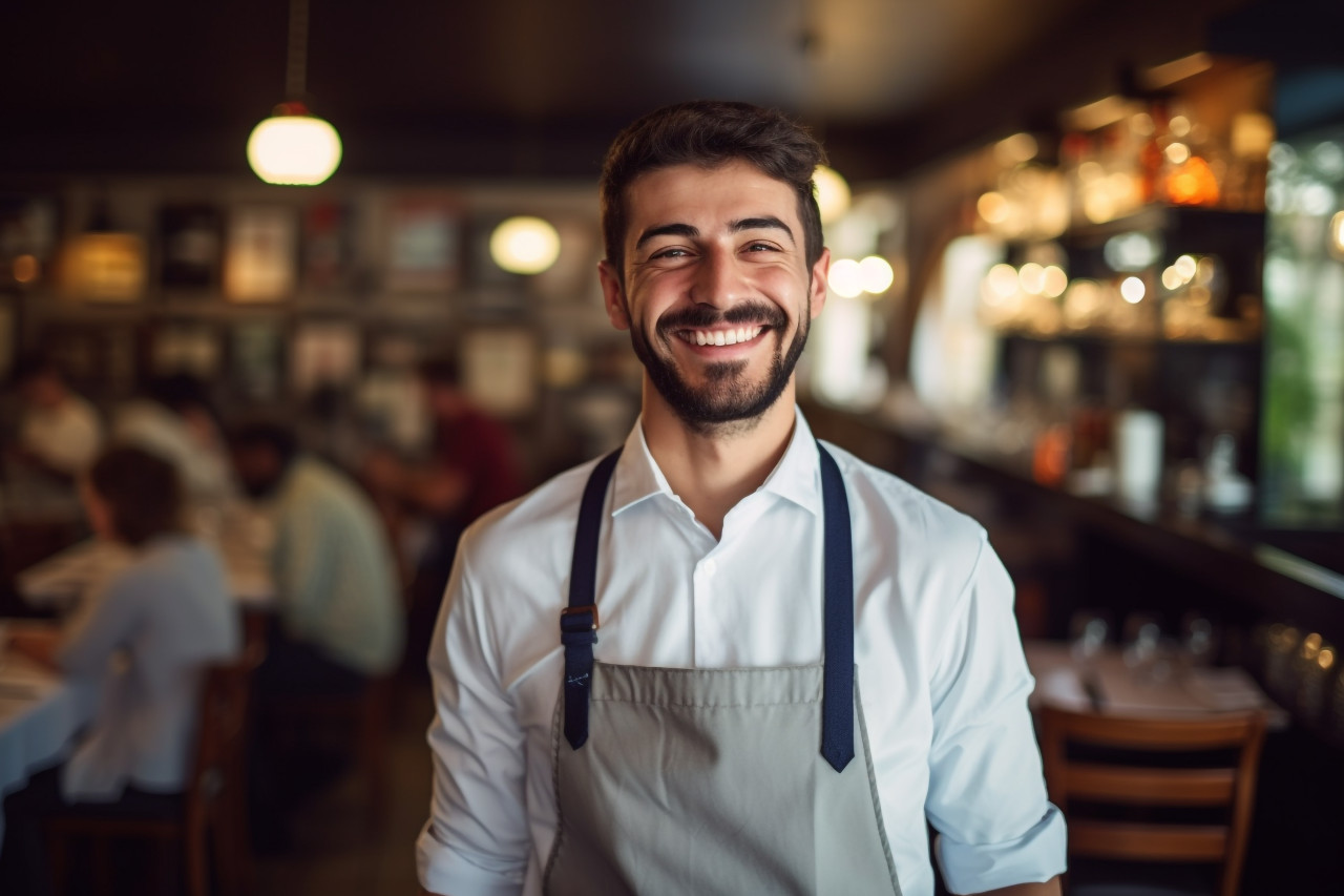 Friendly waiter smiling in blurred restaurant
