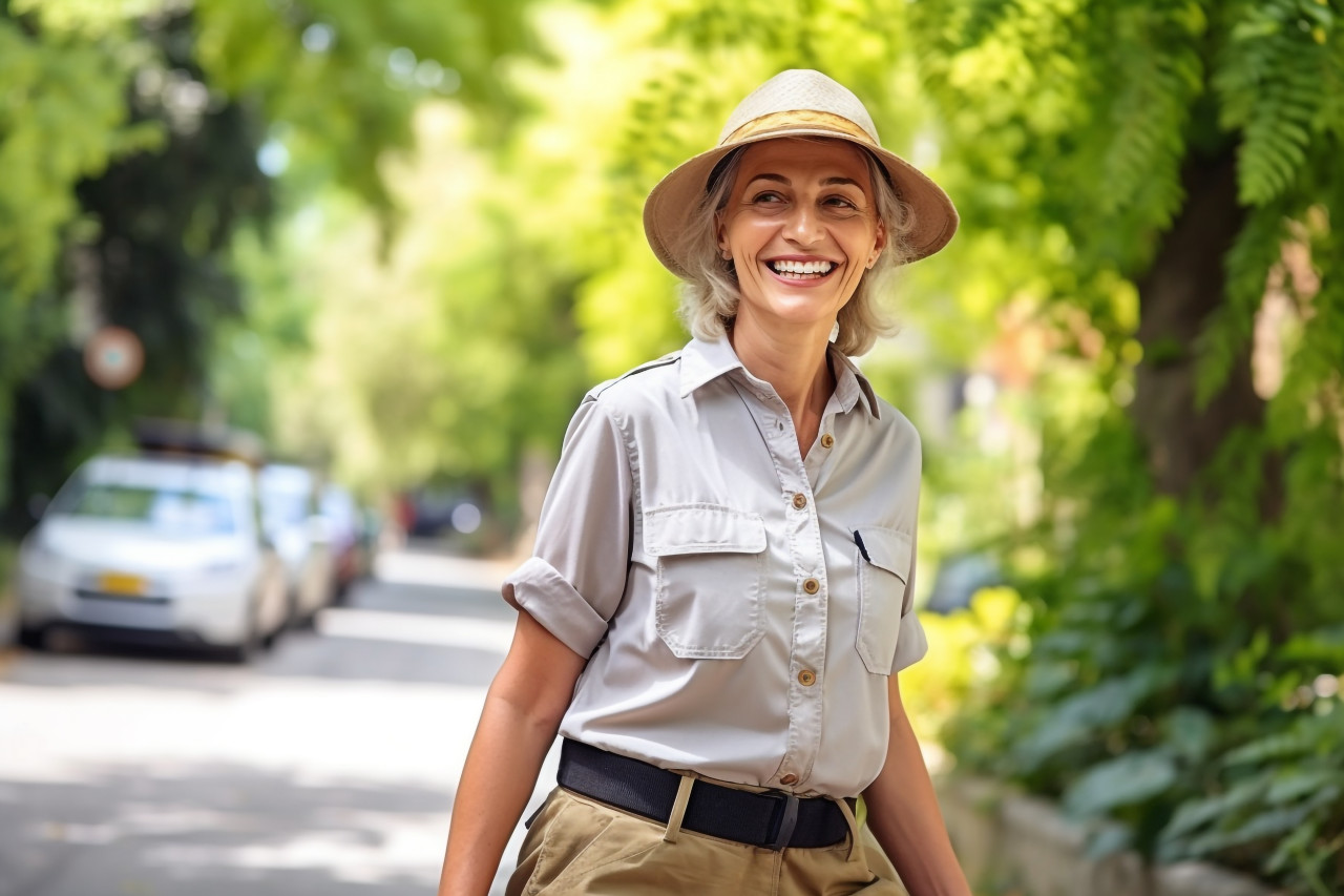 Smiling tour guide working on blurred background