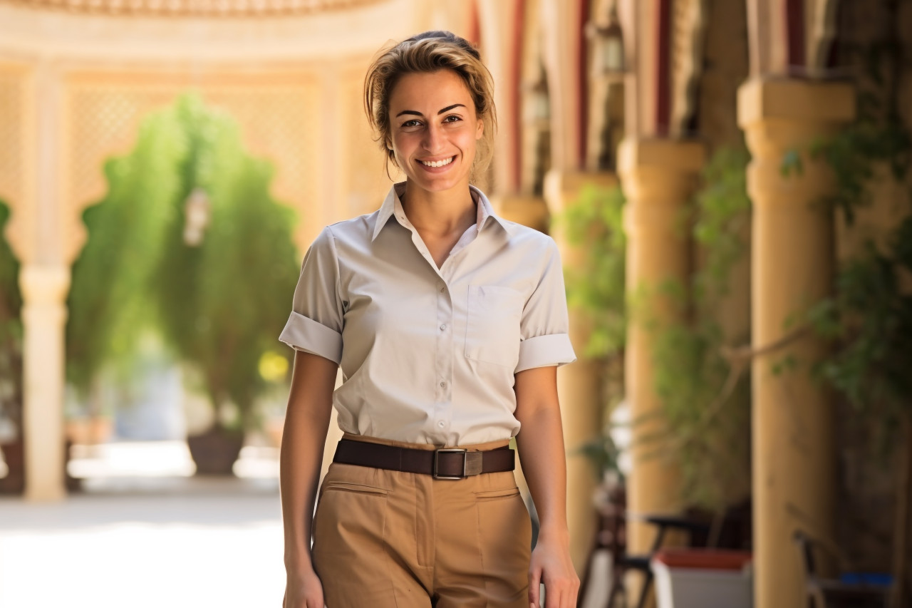 Smiling tour guide working on blurred background