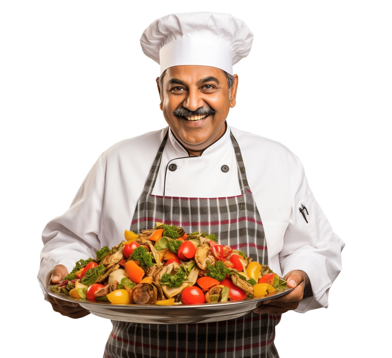 Indian chef smiling friendly on white background