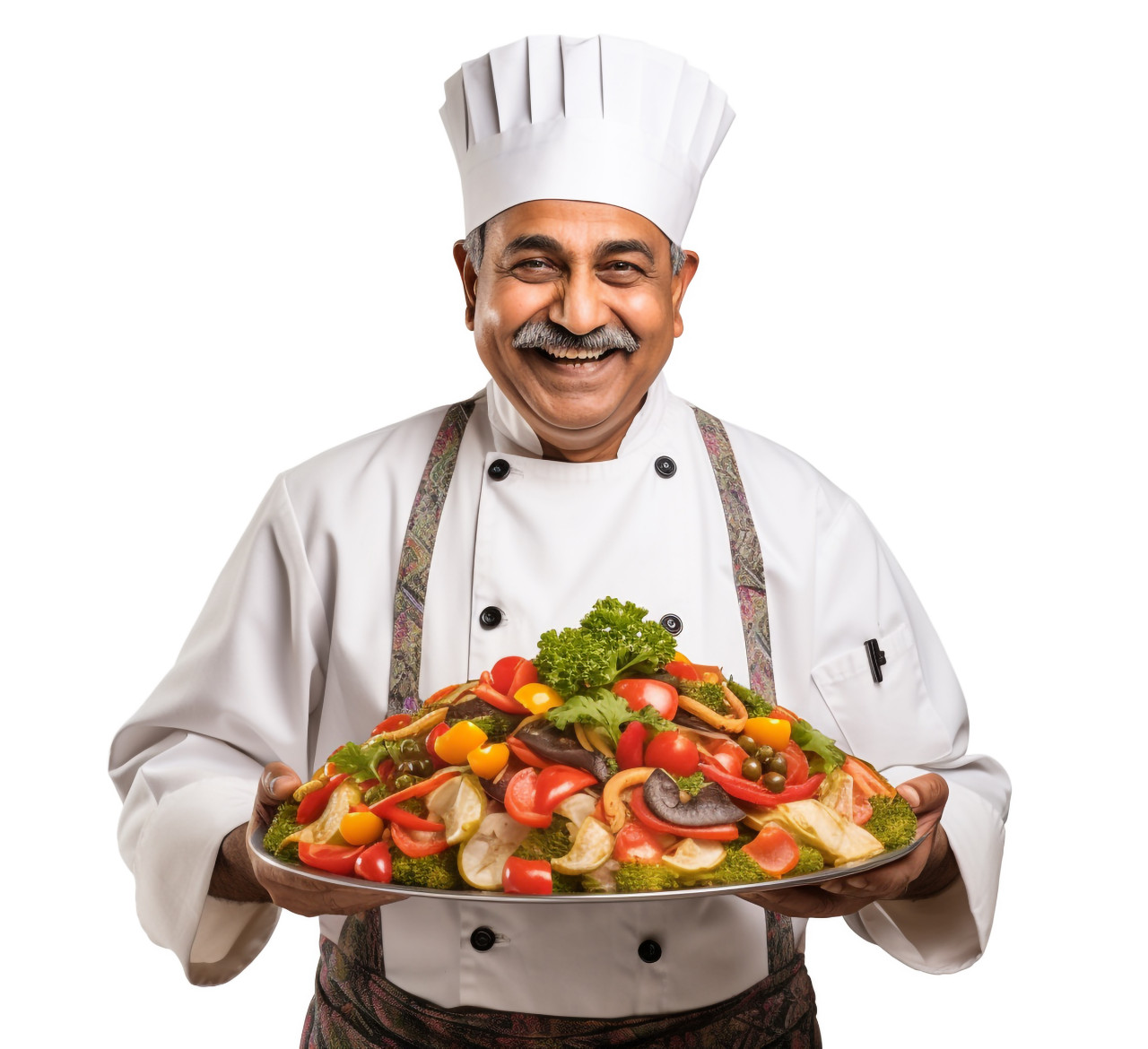 Indian chef smiling friendly on white background