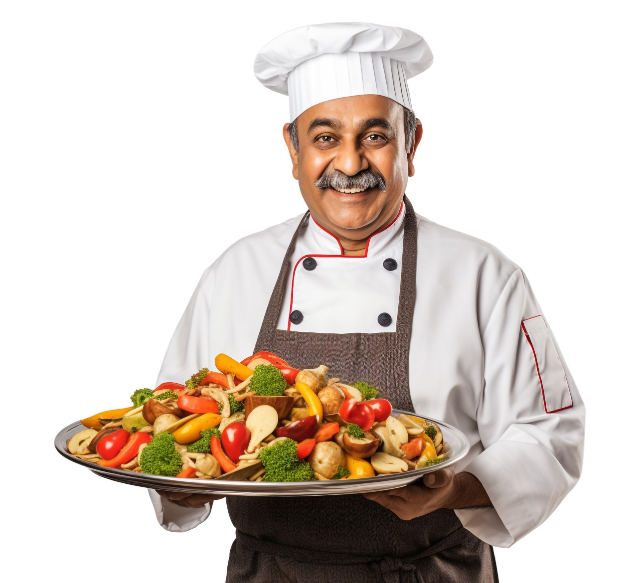 Indian chef smiling friendly on white background