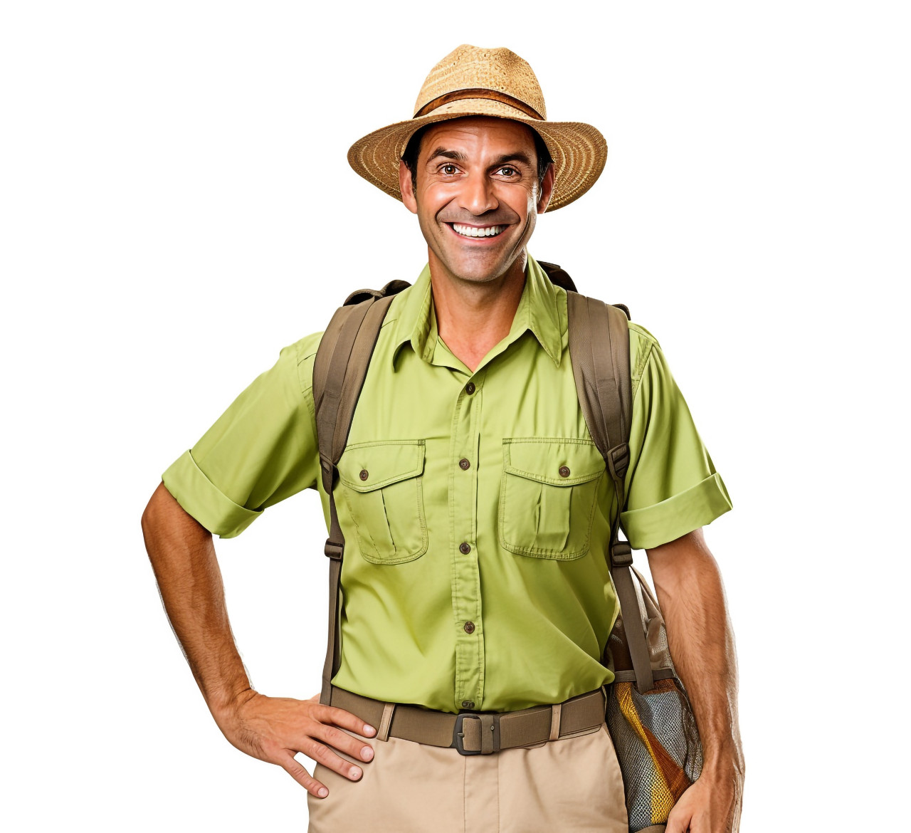 Friendly tour guide smiles on white background
