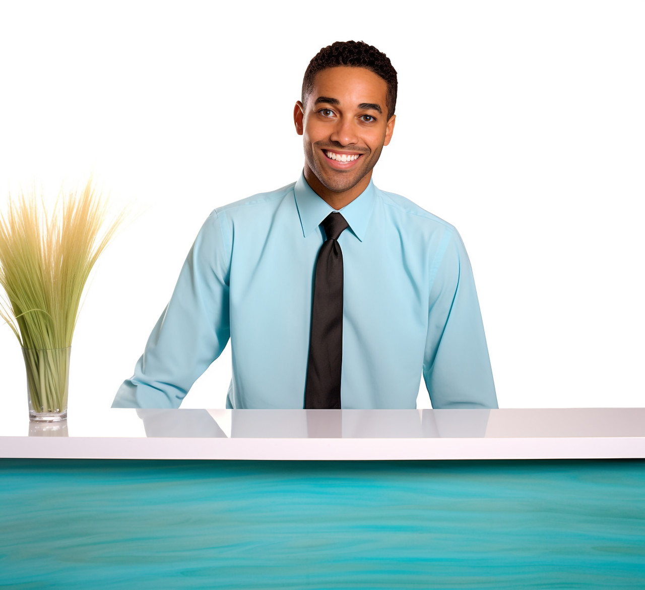Smiling male receptionist on white background