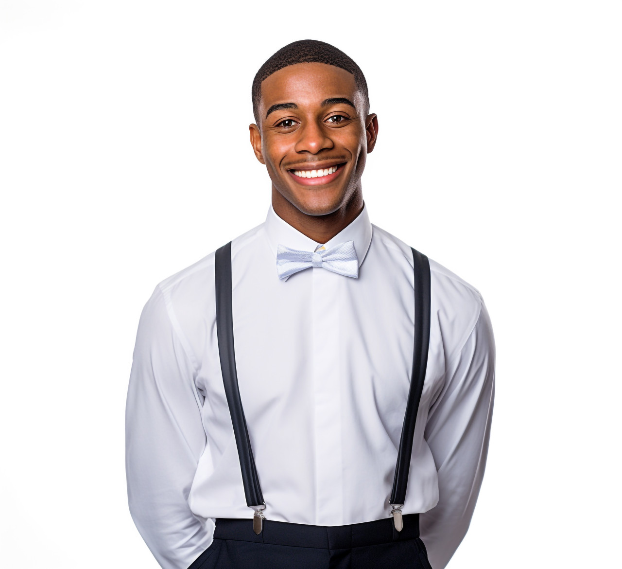 Friendly smiling waiter on white background
