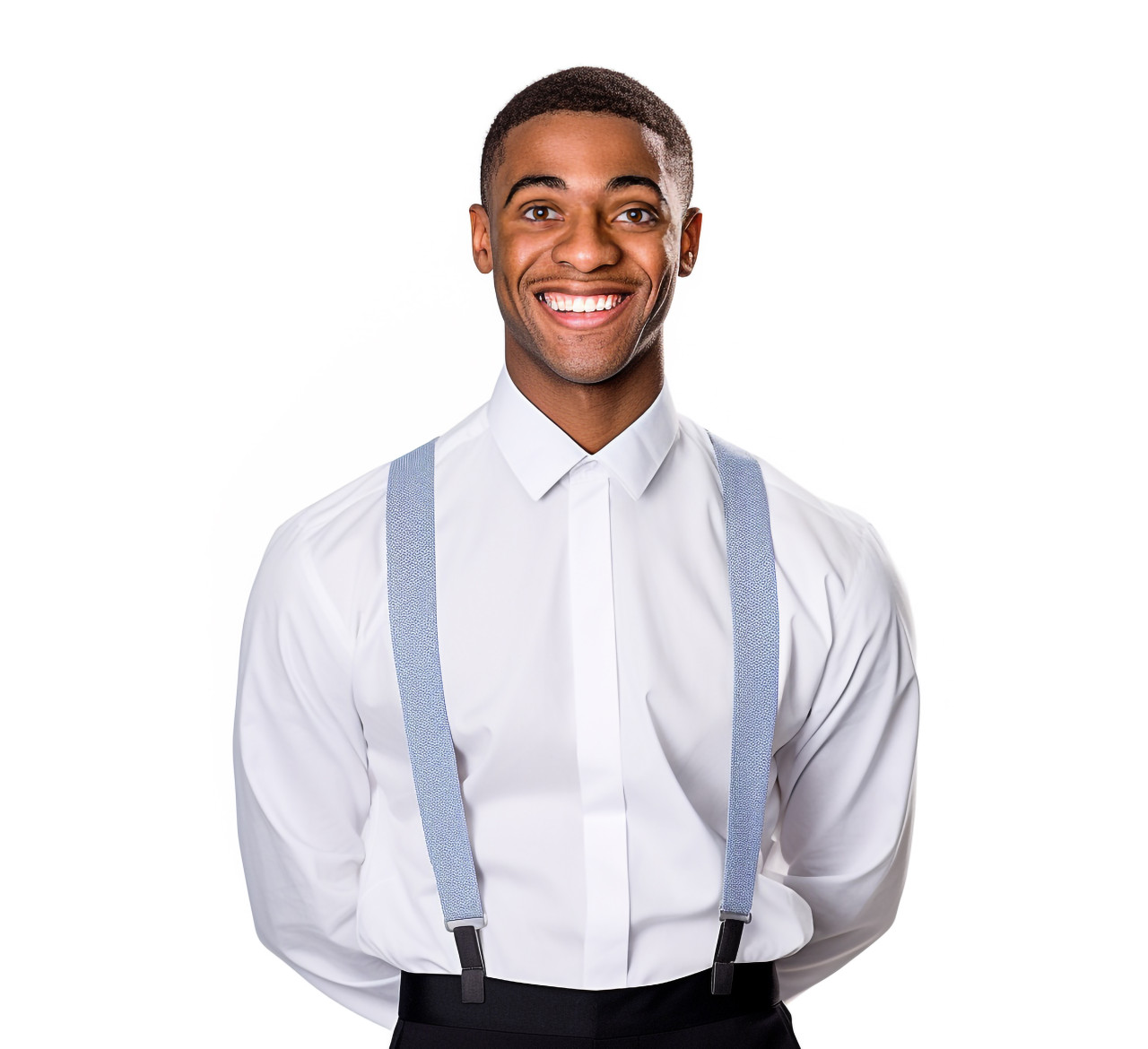 Friendly smiling waiter on white background