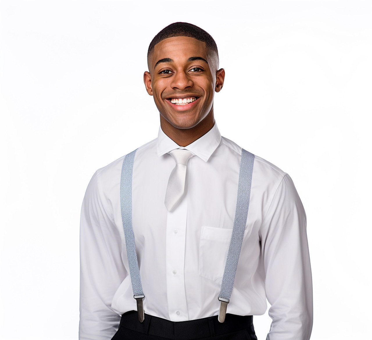 Friendly smiling waiter on white background