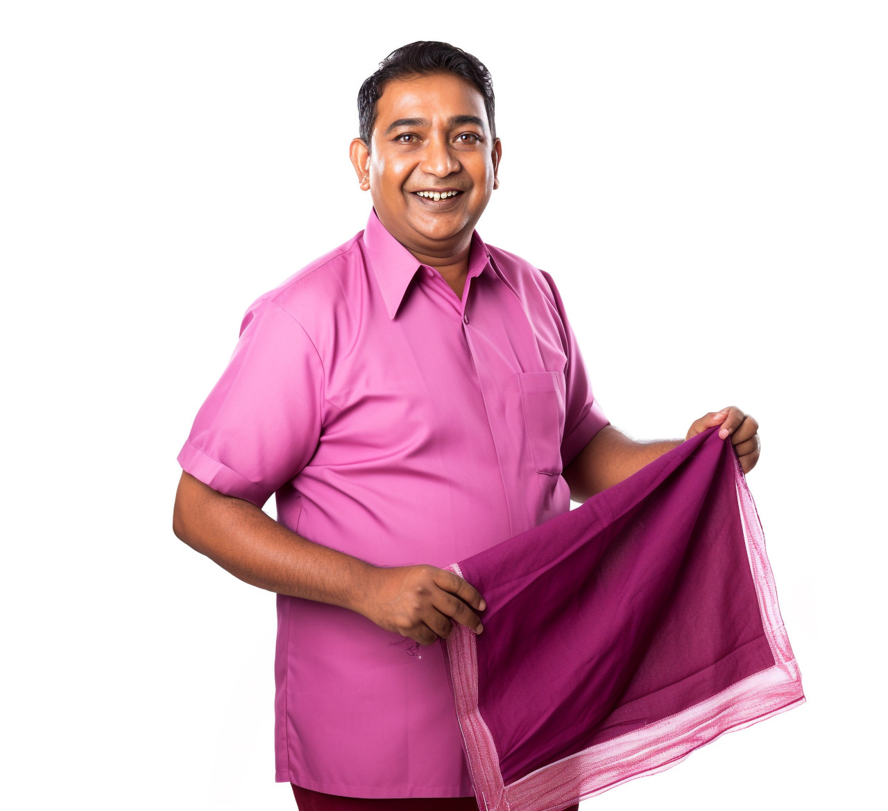 Smiling indian man housekeeper in white background