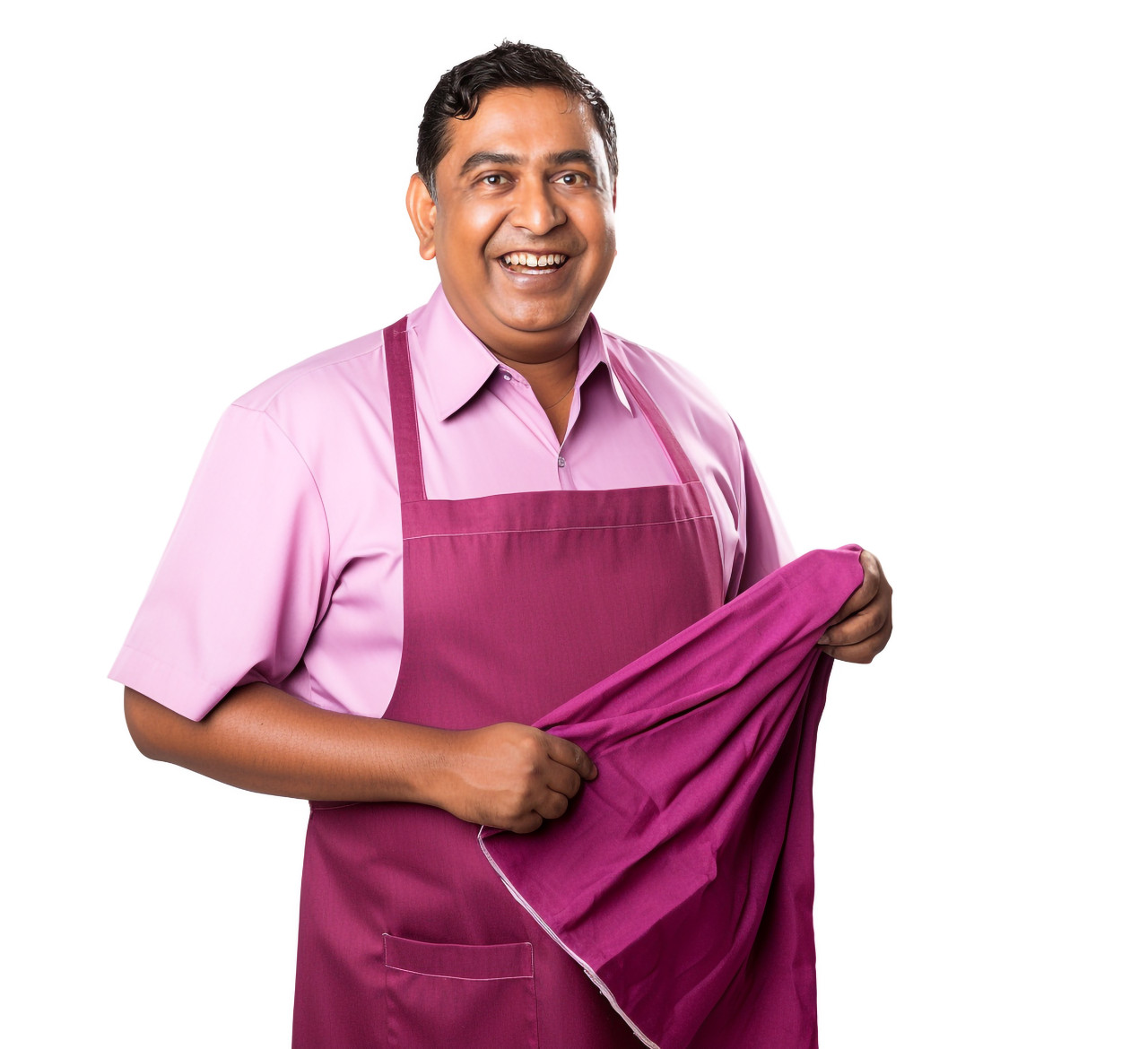 Smiling indian man housekeeper in white background