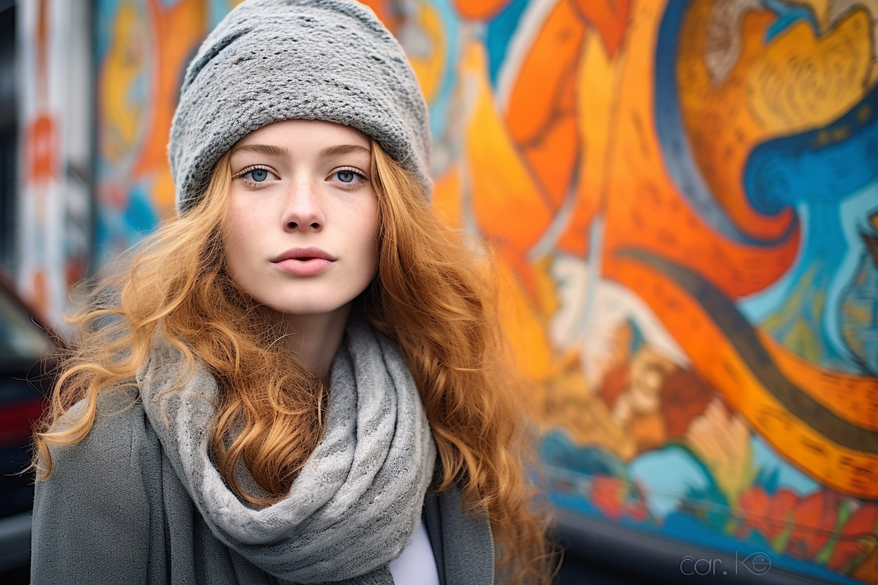 Fashionable tourist taking photo in front of berlin street art