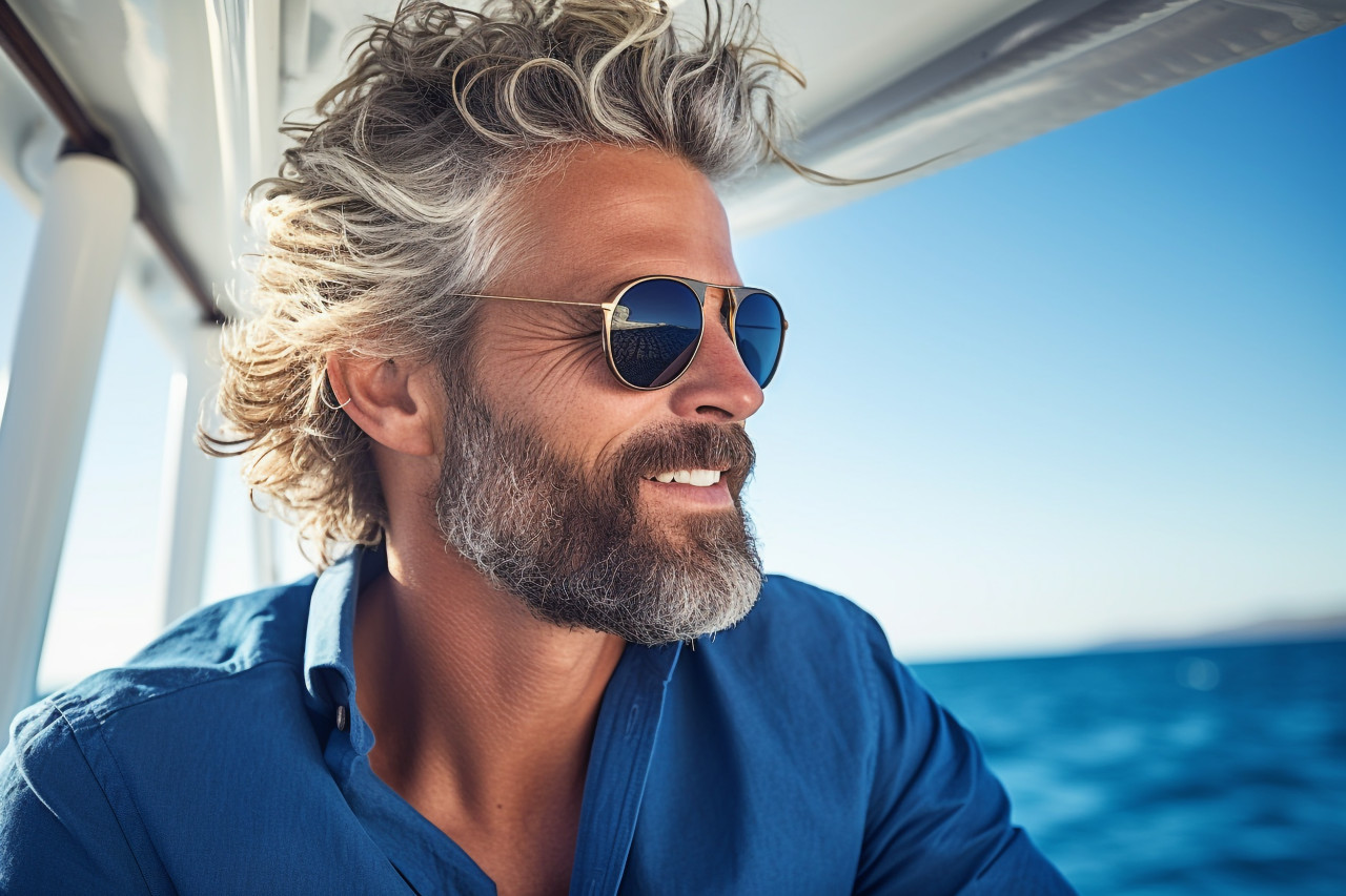 Man on yacht in the blue ocean