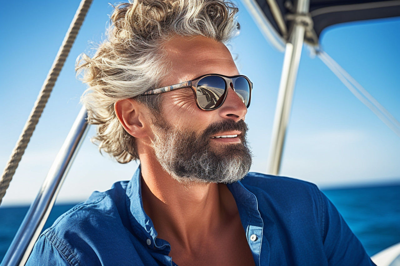 Man on yacht in the blue ocean