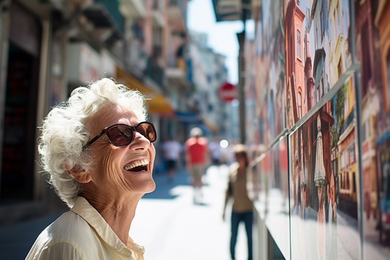 Happy woman in barcelona admiring architecture