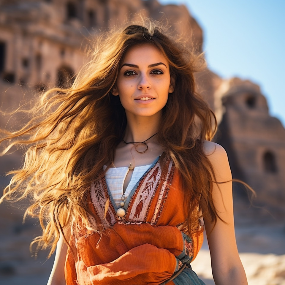 Beautiful woman exploring petra jordan