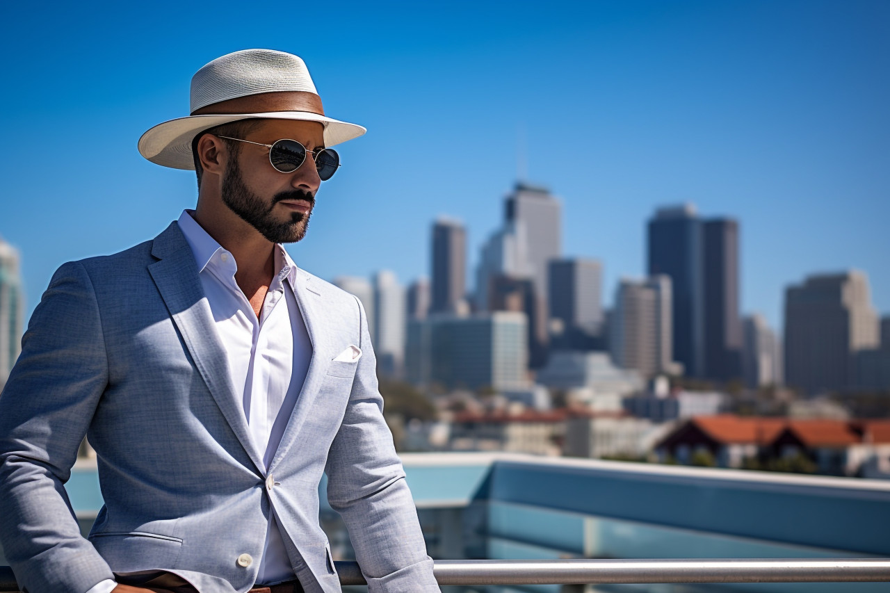 Stylish man at rooftop pool with city view