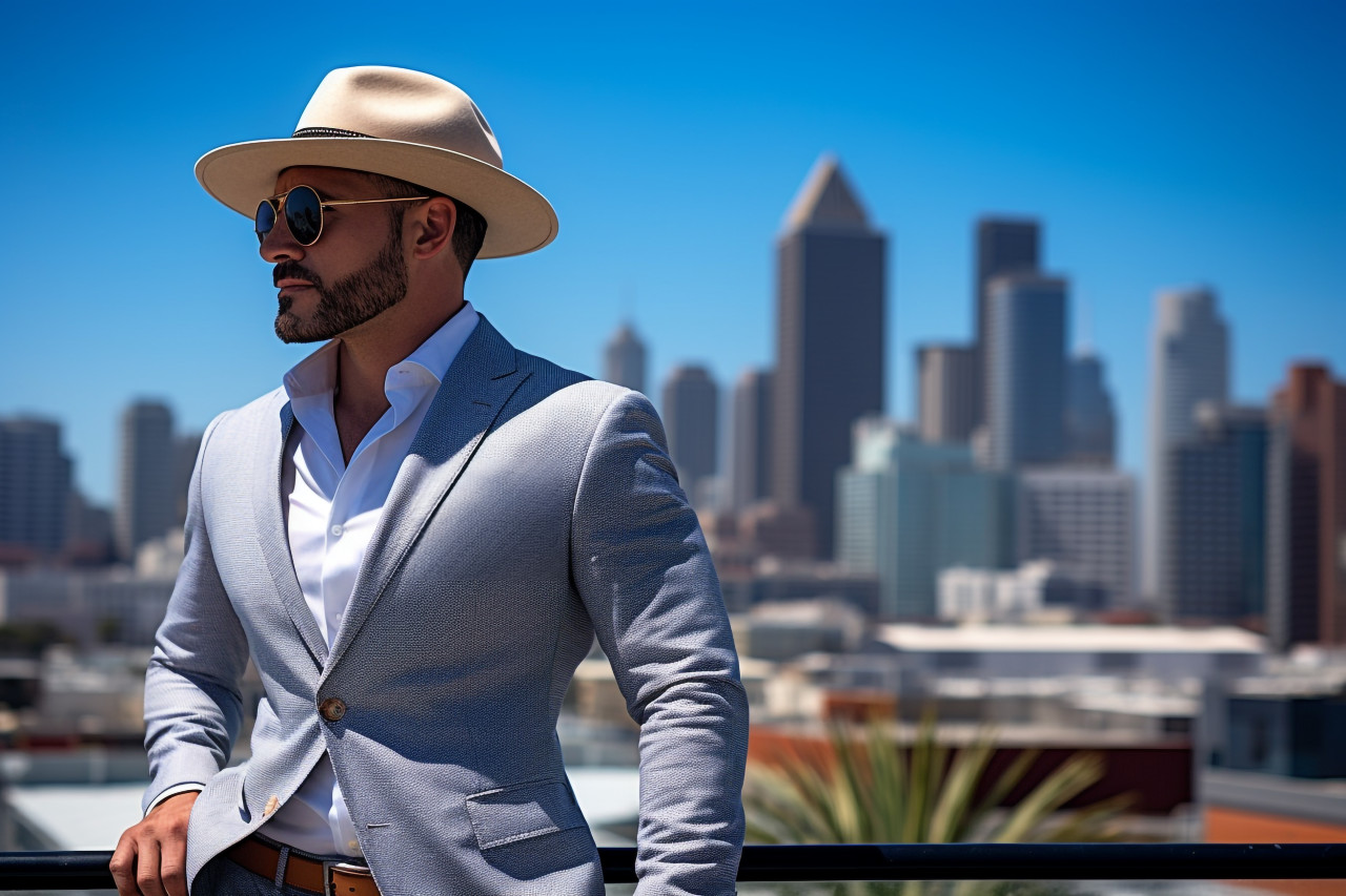 Stylish man at rooftop pool with city view