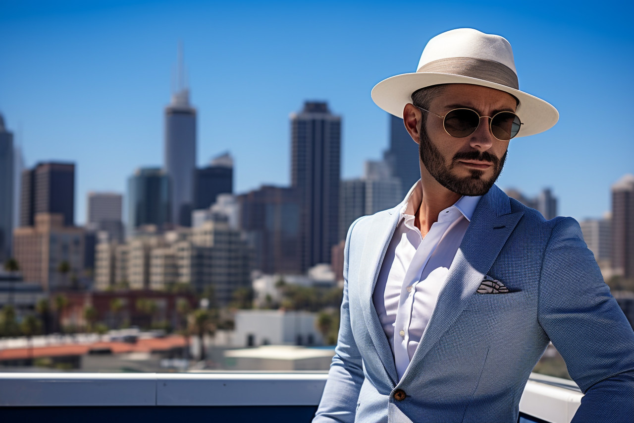 Stylish man at rooftop pool with city view