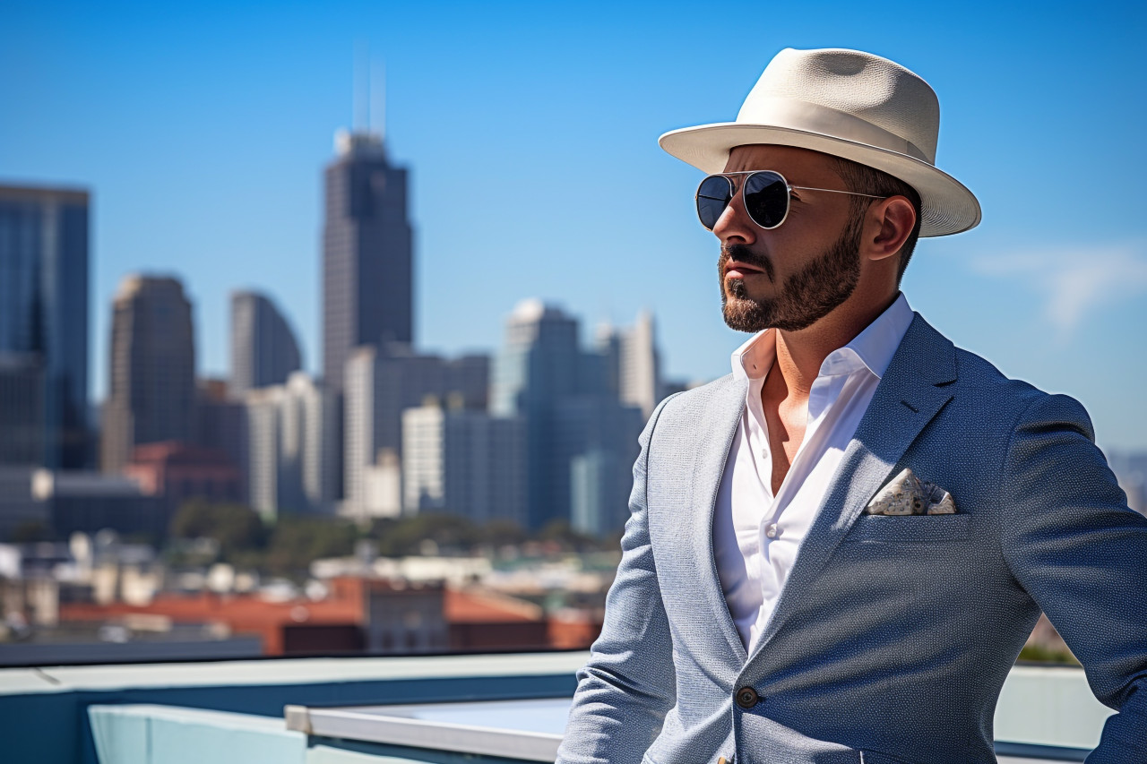 Stylish man at rooftop pool with city view